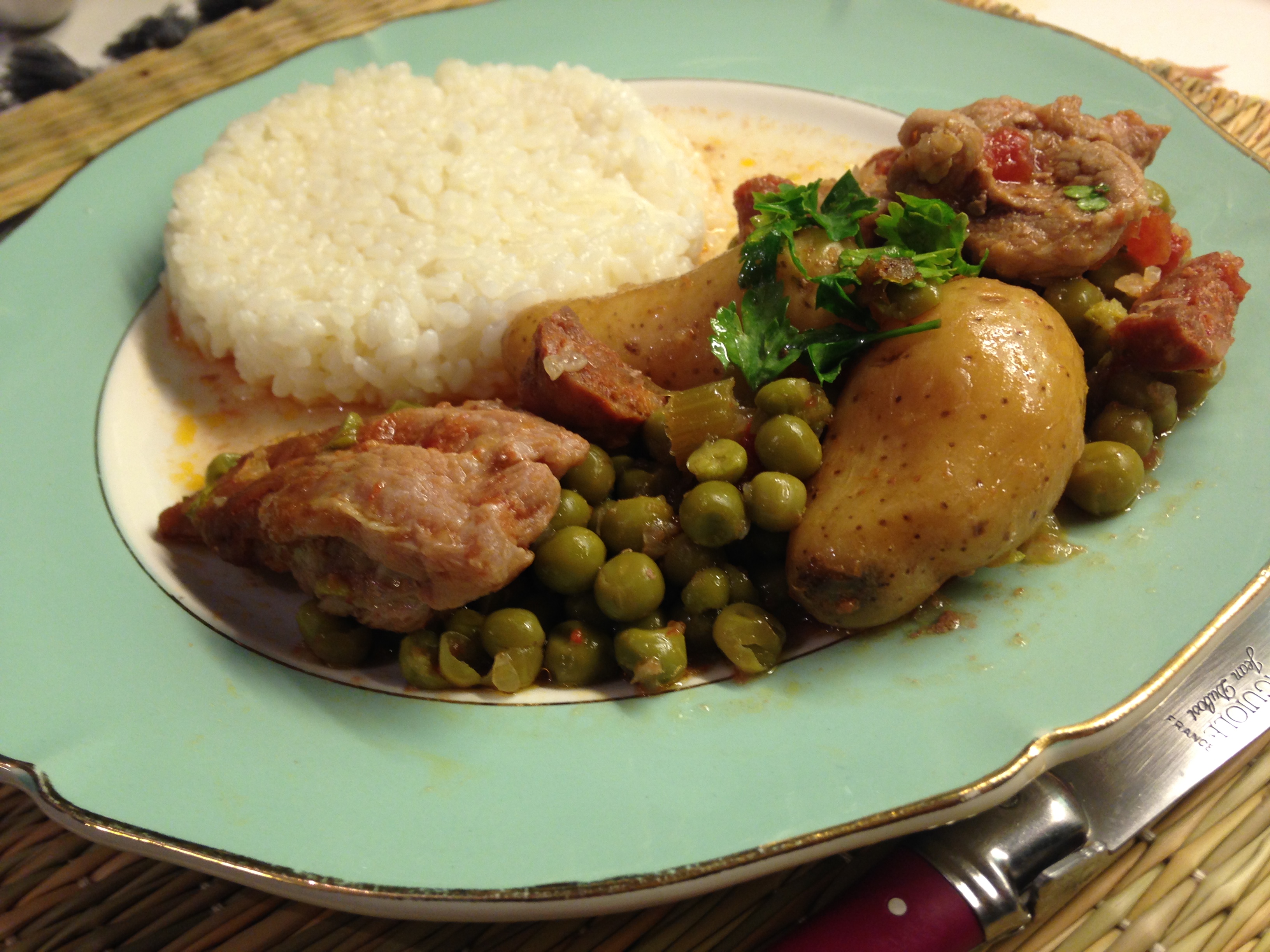 Veal Stew with Chorizo, Fingerling Potatoes and Peas